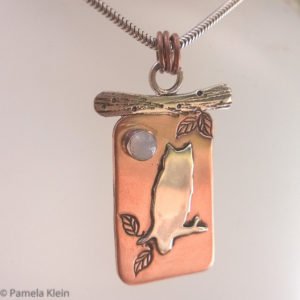 Copper-Silver Owl Moonstone Pendant
