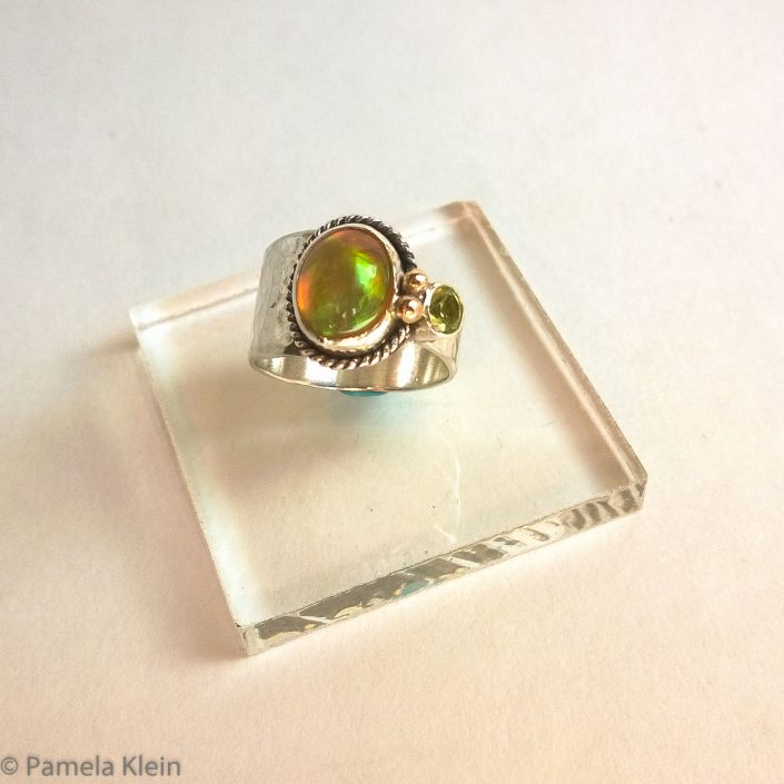 Ethiopian Opal and Peridot Asymmetrical Ring w 14K