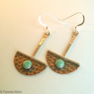 Copper Silver Pendulum Earrings w Green Turquoise