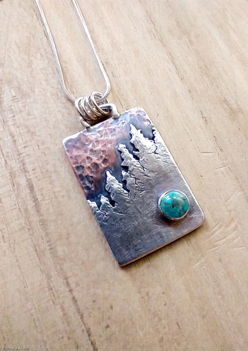 Copper Silver Turquoise Pine Tree Pendant by Pamela Klein